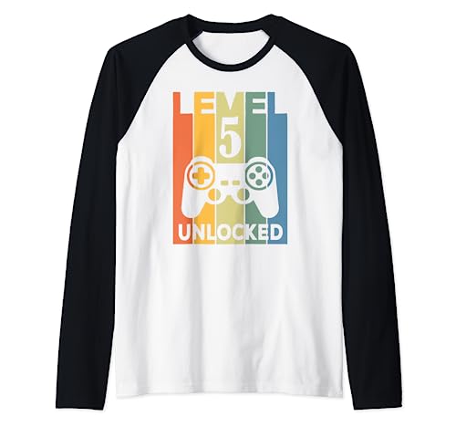 Vintage Birthday Apparel - Retro Level 5 Unlocked Raglan Baseball Tee