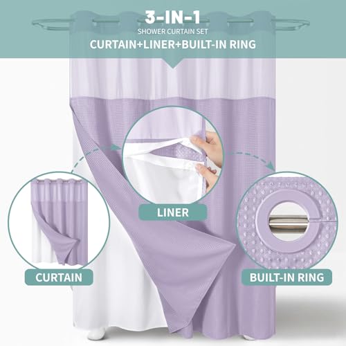 No Hook Waffle Shower Curtain with Snap-in Liner, 71x80 Inch, Lavender by eachope - Used condition - Image 2