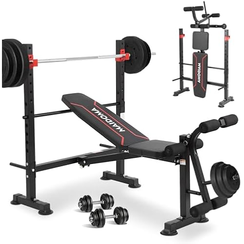 MAIDOMA 8 IN 1 Standard Weight Bench Set with Leg Extension and Leg Curl, Fast Folding & Adjustable Workout Bench for Home Gym,Adjustable Bench Press with Squat Rack.（US Stock）