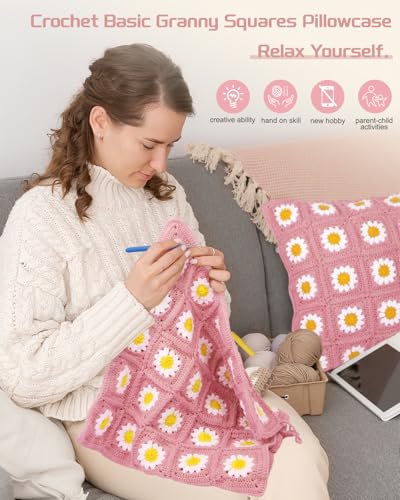 Image of Katech Crochet Kit for Beginners-Crochet Kit for Adults Learn to Crochet Daisy Granny Square Pillowcase, Knitting Starter Kit for Beginners w /Step-by-Step Instructions 920yds Granny Square Yarn