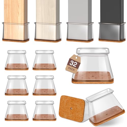 Lot de 32 patins de protection de sol pour pieds de chaise, patins de meubles pour sols en bois dur et grande chaise, housses en silicone avec patins en feutre plus solides rectangulaires pour petite