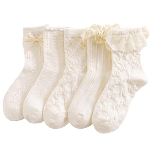 Image of 5 Pairs Women's Lace Ruffled Socks with Bows, Cute Frilly Ankle Socks