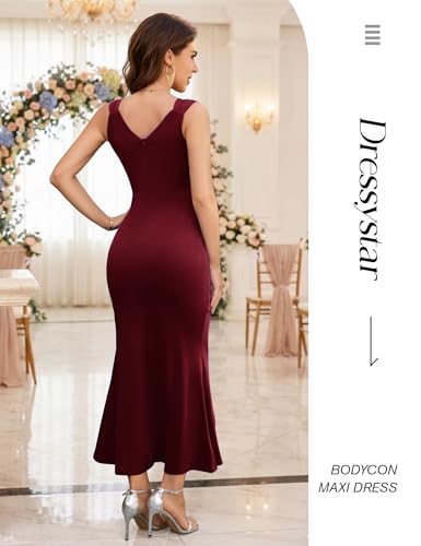 Image of Dressystar 2026 Women's V Neck Bodycon Mermaid Formal Evening Maxi Dress | Summer Wedding Guest,Cocktail Dresses for Women,Long Gown,Mermaid Split Ruffle Design ,Sleeveless,comfort and medium stretch