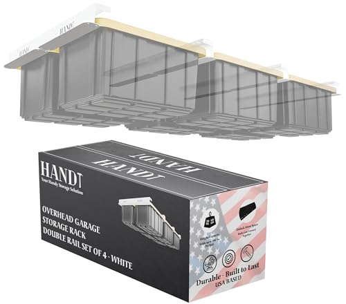 Image of USA Based Overhead Garage Storage Rack, Connectable Heavy Duty Metal Ceiling Rails Garage Storage Organization Shelving System, Hanging Racks Tote Containers, Supports Up To 6 Bins, 4 Sets White