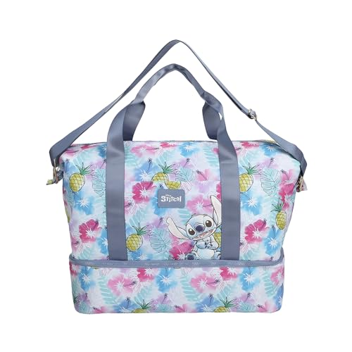 Disney Stitch Embroidered Character Art On Tropical Print 17.5" Duffle Bag