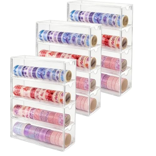 Acrylic Washi Tape Organizer Stackable, 3 Pack Clear Washi Tape Storage Holder with 4 Drawer Slots, Transparent Desktop Organizer for Craft Supplies, Masking Tape, Ribbon, Stickers