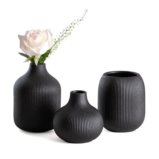Dnnnii Modern Black Ceramic Vase Set of 3, Ribbed Texture Boho Minimalist Home Decor, Small Decorative Vases for Centerpiece, Shelf, Tabletop - Aesthetic Touch for Neutral & Transitional Spaces