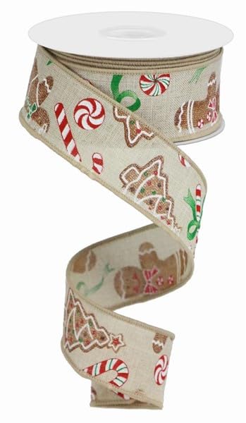 Gingerbread with Candy Canvas Wired Edge Ribbon - 10 Yards (Light Natural 1.5)