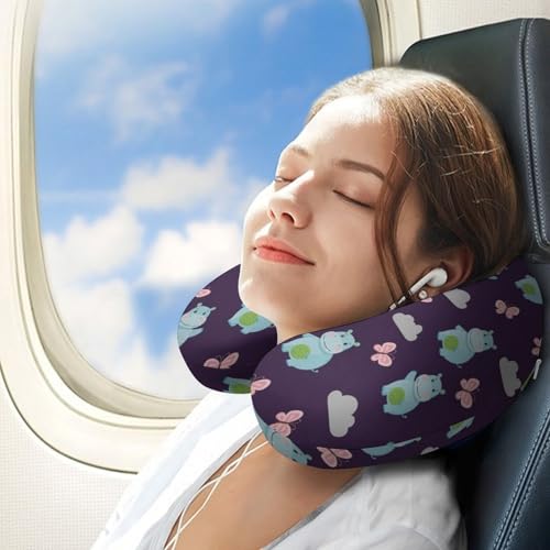 Image of Memory Foam Travel Pillow Chin Head Support Cushion Lovely Hippo, Washable Removable Cover for Airplane Car Outdoor Sleep