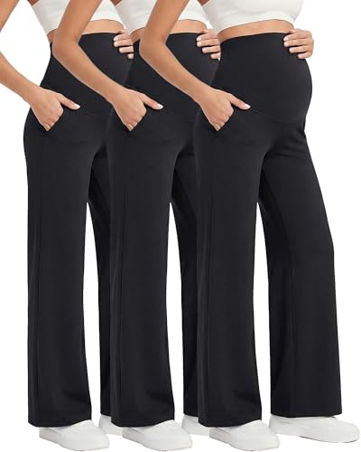 Image of Coume 3 Pack Women's Maternity Pants Over The Belly Pregnancy Yoga Pants Stretchy Loose Wide Leg Trousers with Pockets