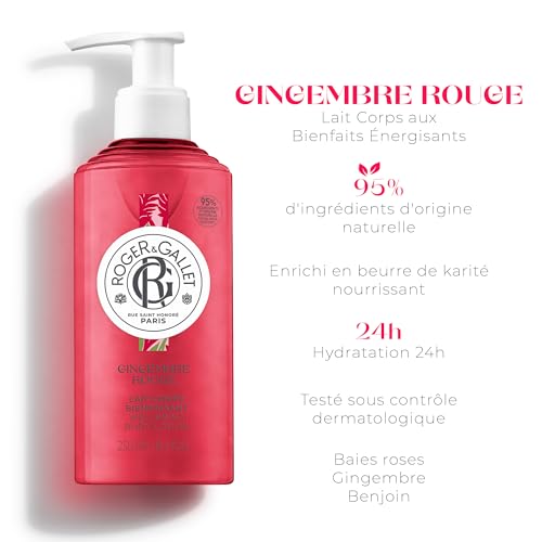 Roger&Gallet - Lait Corps Bienfaisant Gingembre Rouge 250ml - Lait Corps Hydratant Parfumé - Beurre de Karité - 95% d'ingrédients d'origine naturelle (Lot de 2)