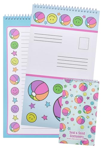 Image of iscream Fold and Send Girls Stationery Card Pad with Seals - Beach Balls | 40 Pack, Cute Design, Spiral Bound, Large 10.5 inch x 5.75 inch Cards, Coordinating Sticker Sheets, Fold and Send, Summer Camp Ready