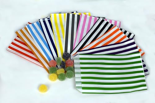 50 5 x 7 Mixed Assorted Colours Candy Striped Sweet Paper Bags | Wedding Buffet Favour Cake Gift Pick n Mix Shop