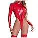 Borniu Fashion Women Sexy Solid Color Mirror Patent Leather Metal Chain Long Sleeve Sling Jumpsuit Teddy Bodysuit Nightdress Red
