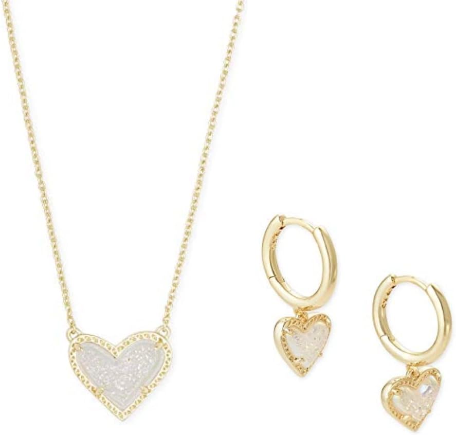 Kendra Scott Ari Heart Pendant Necklace in Gold and Ari Heart Huggie Earrings in Gold Set for Women