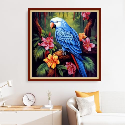 Image of Disxvivy Cross Stitch Stamped Full Embroidery Kits DIY 11CT Cotton Thread Printed DIY Needlepoint Kits Craft Needlework Set Cross-Stitch Stamped Sets-Flower Parrot 18x18 inch