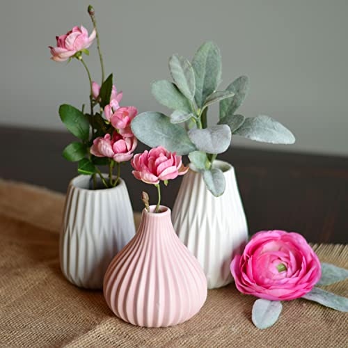 Iconic Scandi Baby Vases, Set Of 3, Fluted, Color Soaked Ballet Slipper Pink, Soft Grey And Dusty Rose, Matte Glaze, 4.25 Diameter X 4.25 Inches Tall, Modern Ho #TOP1