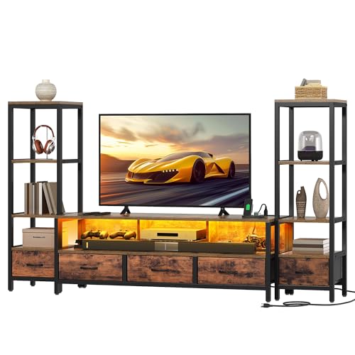 DWVO Entertainment Center with Bookshelves, LED TV Stand for 65/60 inch TV, Retro TV Stand for Living Room with 2 Industrial 4-Tier Bookshelves & Power Outlets,Rustic Brown