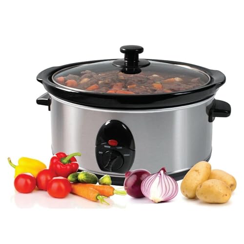 3.5L Slow Cooker - Stainless Steel Food Heater with 3 Heat Settings + Removable Inner Ceramic Bowl - Stew & Stir Steam Grill 200W | Family Sized Cooking Machine, Energy Efficient, Removable Pot