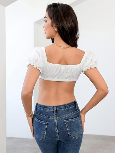 SweatyRocks Women's Sexy Tie Front Crop Top Deep V Neck Puff Short Sleeve Casual Blouse Shirt2