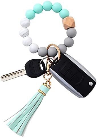 BAOSIWA Silicone Beaded Bracelet Keychain Wristlet Key Ring Green Bangle Chains for Women with Leather Tassel