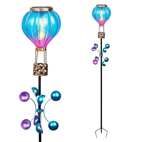 Alpine Corporation 45" H Outdoor Solar Hot Air Balloon Spinning Garden Stakes with LED Lights, Blue/Purple