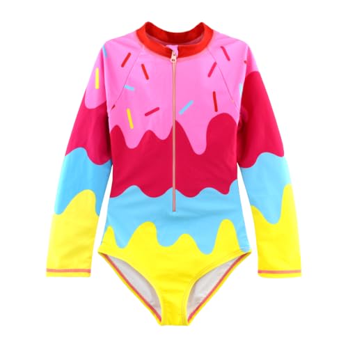 Image of Girls One Piece Swimsuit Long Sleeve Rash Guard UPF 50+ Age 2-12Y
