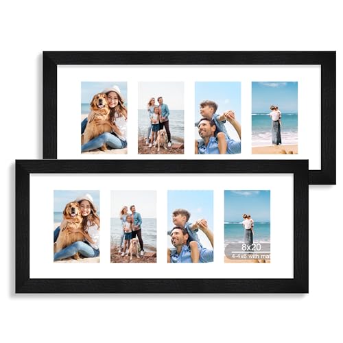 Hongkee 8x20 Picture Frame Set of 2 Rustic Black Wood Frame with Tempered Glass Collage Frame Display Pictures Four 4x6 With Mat or 8 x 20 Without Mat - Horizontal or Vertical Wall Mounting