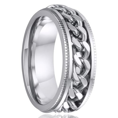SWOPAN Men's Spinner Fidget Anxiety Ring 8MM Stainless Steel Rotation Chain Ring for Men Women Anxiety Stress Relief Wedding Engagement Bands Stepped Grooved Edges Comfort Fit Jewelry, Silver, Size 9 by SWOPAN - Used condition - Image 8