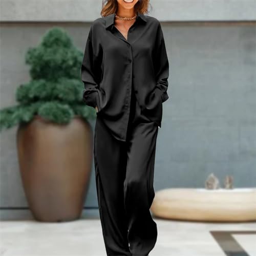 Fulbant Two Pieces Set Outfits For Women Satin Button Shirt Wide Leg Pants Long Sleeve Solid High Wasit Loose Fit Trousers4