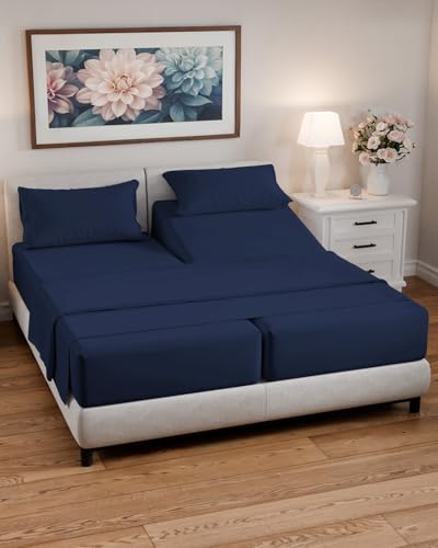 Split California King Bed Sheet Set - 5 Piece Split Cal King Size Sheets - Ultra-Soft Breathable & Cooling - Comfy Wrinkle & Fade Resistant - Fits 8 to 16 Inch Mattress w/ Deep Pockets - Navy Blue