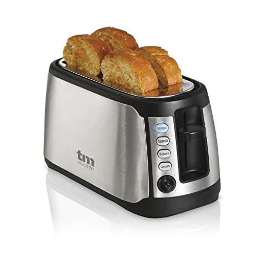TM Electron to TMPTS005 Tostador de acero inoxidable con ranuras XXL extra anchas de 38mm para 4 rebanadas, 7 niveles de tostado, 4 modos de funcionamiento, bandeja recoge migas, 1400W, 1400 W, Gris