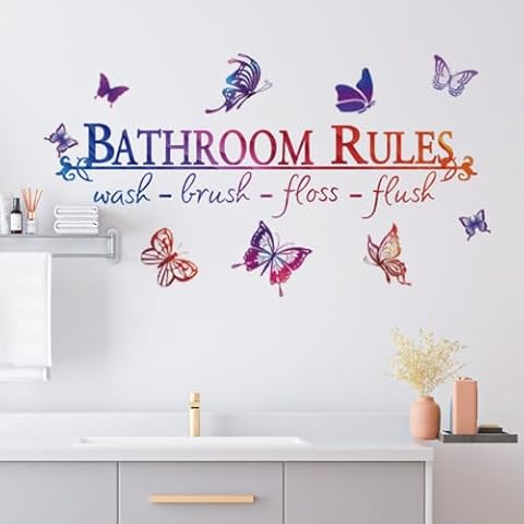 LiveGallery Creative Colorful Quotes Bathroom Rules Wall Stickers Rainbow Butterfly with Educateation Lettering Saying Wall Decals for Bathroom Washroom Washbasin Office Home Decoration Cover