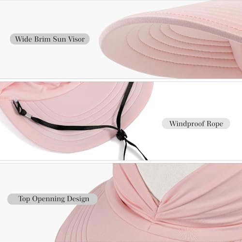 Sun Visor Hats, Wide Brim Sun Hats for Women, UPF 50+ UV Protection Visors for Women, Foldable Packable Ponytail Beach Summer Visor Hat for Sports, Tennis, Golf, Running, Pink — view 4