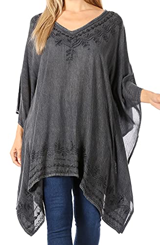 Image of Sakkas Wren Lightweight Circle Poncho Top Blouse with Detailed Embroidery