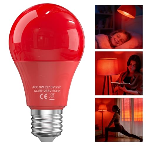 BrightArk 625nm Luz Roja Nocturna Melatonina E27 Led Bombilla para Dormir, Sin Luz Azul, Sin Parpadeo, 9W Bombilla para Bebés, Biohacking, Leer y Ambientes Acogedores