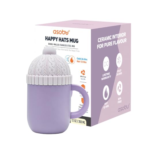 asobu Happy Hat Mug – 12 oz Double-Walled Stainless Steel Insulated Cup with Beanie-Shaped Lid – Ceramic Inner Coating – Spill-Proof and Ergonomic Design for Home and Travel (Purple)