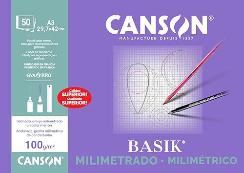 Canson Milimetrado Basik, Papel milimetrado, Suave, 100 gsm, Encolados por el lado corto, A3-29,7x42cm, Papel blanco con estampado buff, 50 Hojas