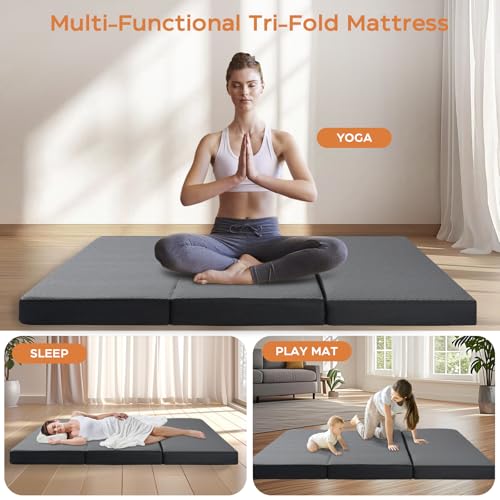 HXXUYY Tri Folding Mattress Queen Size - Memory Foam Tri-fold Handle & Non-Slip Bottom, Portable Foldable Sofa Bed Floor Chair for Travel RV Camping Guest Yoga - 6 Inch, 78"x58"x6" - Image 7