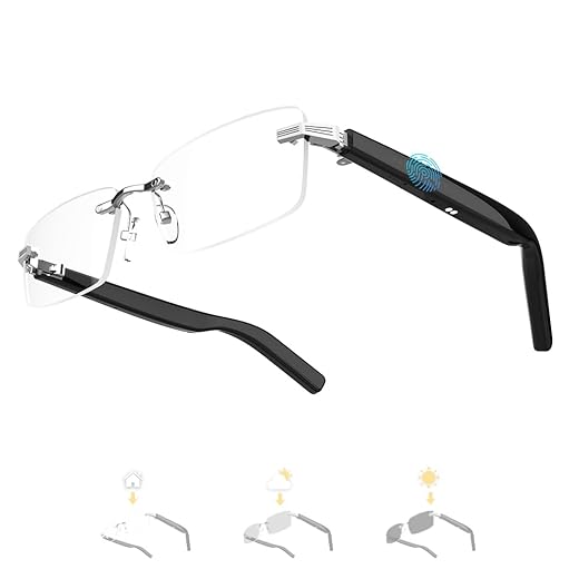 Smart Glasses Rimless Smartglasses with Bluetooth Speaker,Remote Control Photo Taking/UV Protection Voice Control (Photochromic Lenses)