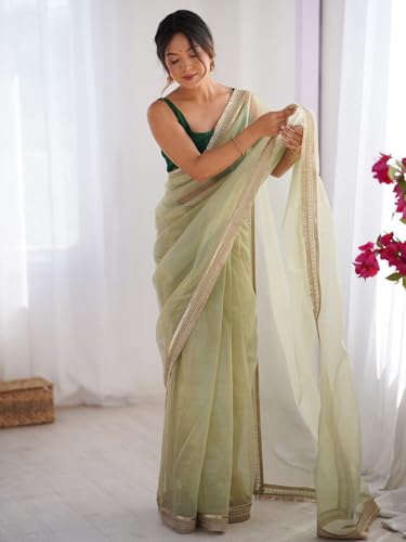 Image of AKHILAM Women's Shimmer Net Solid Saree With Unstitched Blouse Piece