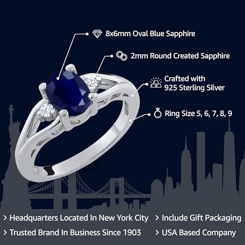 Gem Stone King 1.83 Cttw Blue Sapphire and White Created Sapphire 3 Stone Engagement Ring For Women In 925 Sterling Silver | Oval 8X6MM | Round 2MM | Gemstone Birthstone | Available in Size 5,6,7,8,92