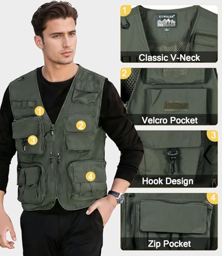 Foto von KTWOLEN Herren Anglerweste Sommer Leicht Schnelltrockenweste Funktionsweste Outdoor Fotografie Hundesport Weste Ärmellos Safari Weste mit Viele Taschen, Grün, 3XL
