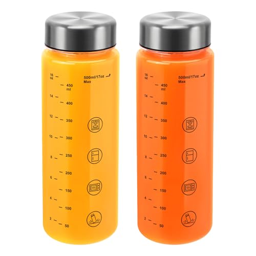 2 Pack Plastic Juice Bottles with Caps - Wide Mouth Resuable Clear Plastic Water Bottles for Juicing,Smoothie,Protein, Beverage,Storage Containers,BPA Free,Leakproof Stainless Steel Lid(16 Ounces)
