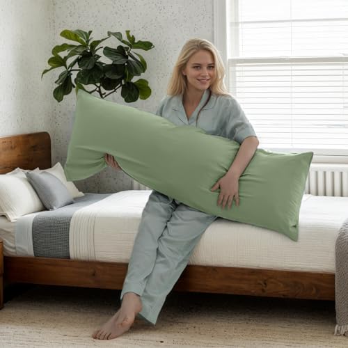 Image of Body Cooling Pillow Cases Cover, Bamboo Rayon Green Body Pillowcases with Zipper Closure, Cool and Breathable Pillow Case for Hot Sleepers and Night Sweats, 20x54 inches