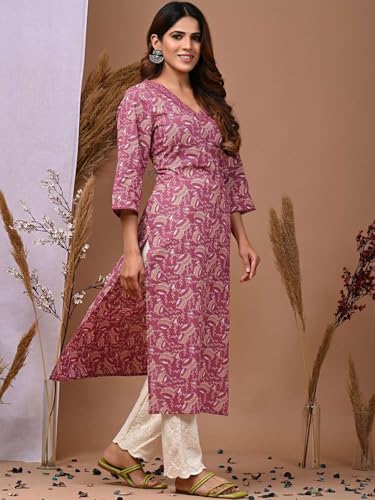 Image of Rimeline Women's Cotton Printed Kurta with Embroidered V-Neck Detail | Straight Fit Ethnic Wear for Casual, Office & Daily Use