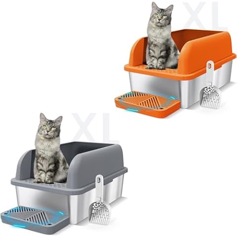Enclosed Stainless Steel Litter Box with Lid Extra Large Litter Box for Big Cats XL Metal Litter Box, Litter Pan Tray with High Sides Enclosure, Anti-Leakage, Easy Cleaning Cover