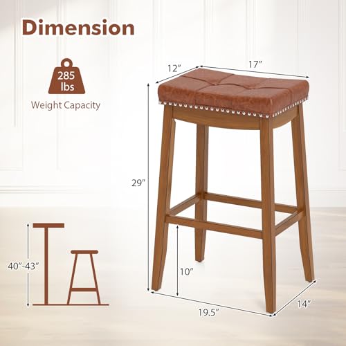 Juego de 2 butacos de bar COSTWAY, altura de barra de 29 pulgadas, asiento de cuero sintético PU, estructura de madera de caucho maciza, reposapiés, butacos sin respaldo de estilo mid-century para isla de cocina y bar en casa miniatura 3