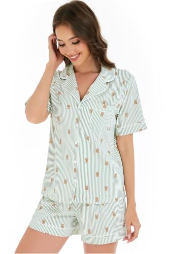 Image of LUBOT 100% Cotton Pajamas for Women 2 Piece PJ Set Button-Down Soft Knit Short Sleeve Summer Sleepwear Loungewear XS-XXL