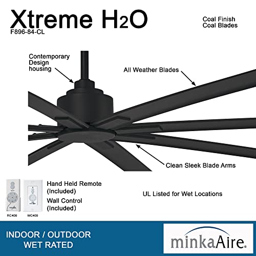 Minka-Aire F896-84-Cl, Xtreme H2O 84" Ceiling Fan In Coal (Black) Finish With Remote And Additional Wall Control #TOP2